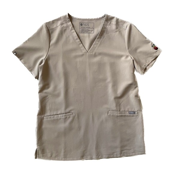 Figs Top Scrubs Light Brown With Peace Sign Sleeve Size S - Picture 1 of 8